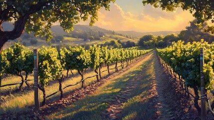 Fototapeta premium Sunlit vineyard path between rows of grapevines on a hillside at sunset.