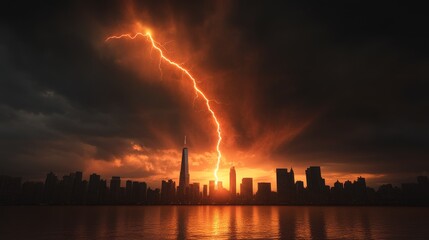 Obraz premium Cityscape Under a Fiery Storm - Dramatic cityscape, lightning strike, fiery sunset, urban landscape, powerful nature.