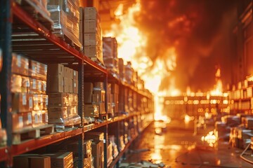 Destructive power of fire on businesses and commercial properties captured in close-up shot of flames engulfing warehouse supplies.