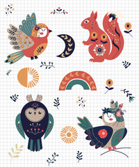 A set of decor elements in folk Scandinavian style. Vector illustration