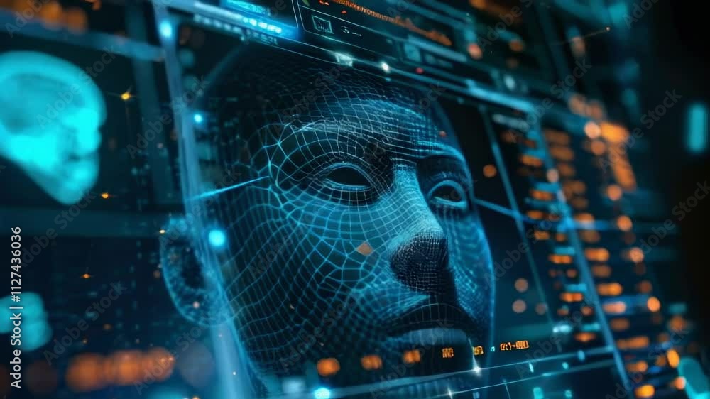 Poster digital human face with lines of ai biometric technology on computer screen, graphical interface of 