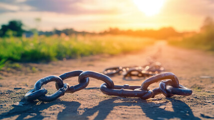 A closeup view of shattered and broken chains lying on a dirt path, beautifully illuminated by a vibrant sunset