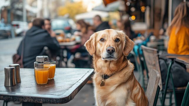 Patient golden retriever enjoying the outdoor restaurant patio with customers in the background