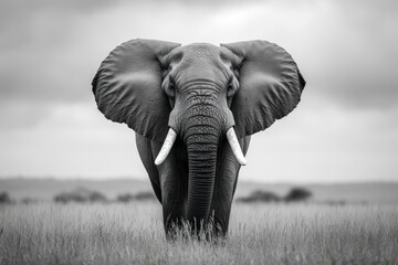 Naklejka premium Majestic elephant, grasslands, monochrome majesty.