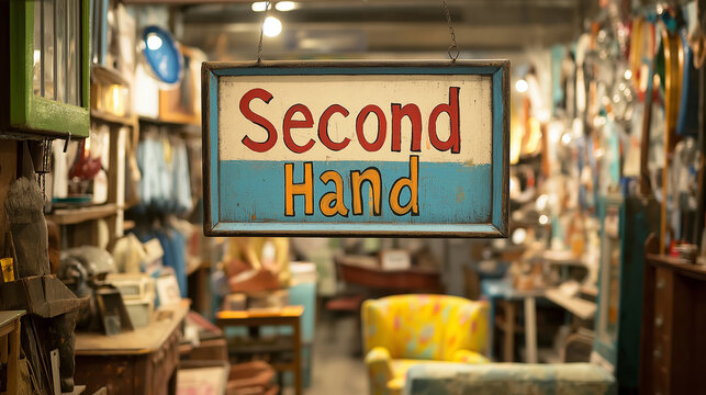 Vintage and antique treasures in a cluttered shop with a vibrant second hand sign
