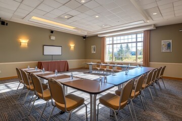 Fototapeta premium Bright, airy conference room with abundant natural light and modern furnishings