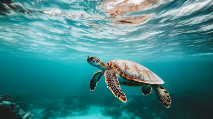 Obraz premium Green sea turtle swimming peacefully in clear turquoise water near the ocean surface, sunlight filtering through the waves