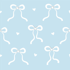 Ribbon Bows Seamless Pattern. Thin White  Bows with Hearts on Blue Background. Valentine's Day backdrop.