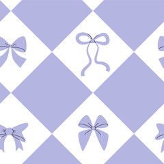 Diamond Pattern with Bows. Lilac and White Seamless Pattern. Monochrome Ornament.