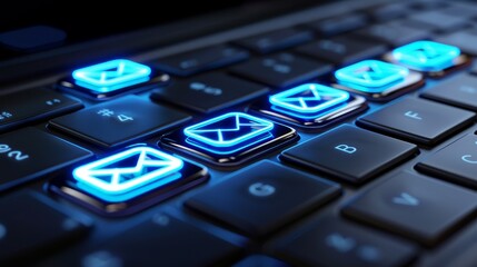 Futuristic neon email icons glowing on a keyboard, symbolizing digital communication and technology