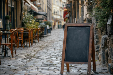 Empty chalkboard sign on a cobblestone street outside a cafe with outdoor seating in a charming city