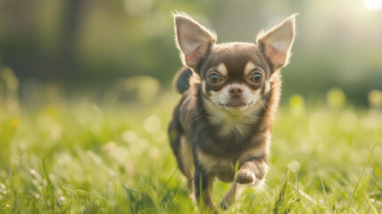 Happy chocolate and tan smooth-coat chihuahua frolicking in a sunny grassy field