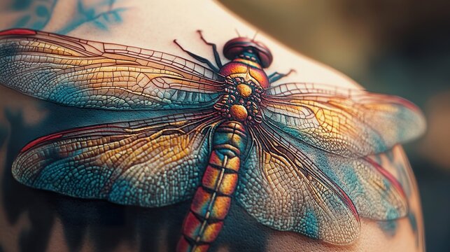 An eye-catching dragonfly tattoo, showcasing vibrant colors and detailed wings on the shoulder blade.