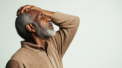 Elderly african american man in distress, battling a severe headache or migraine, displaying discomfort and concern