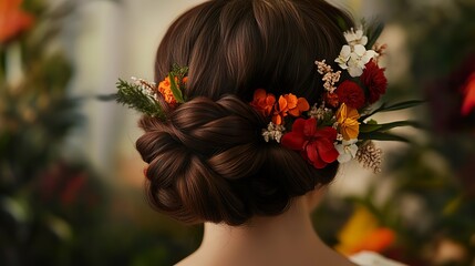 Naklejka premium A whimsical updo with twisted sections and vibrant flowers.