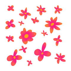 Colorful flower graphic elements set in flat cartoon cute illustration style. Bright plant element collection, irregular shape plants. Floral blossom background, abstract doodle shapes.