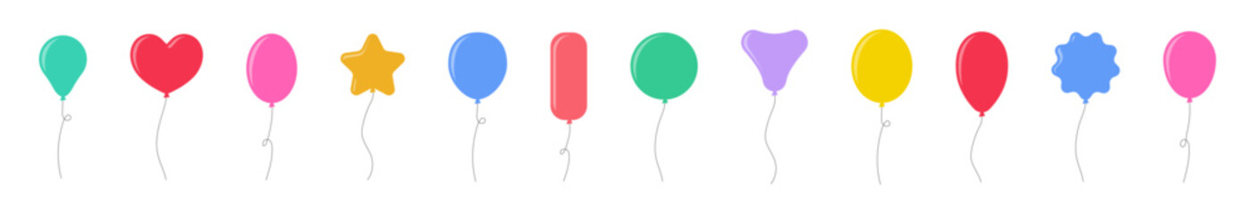 Balloon in flat style. Doodle Bunch of balloons for birthday or party. Flying balloon with rope. Flat icon vector illustration isolated on white background. © Volodymyr