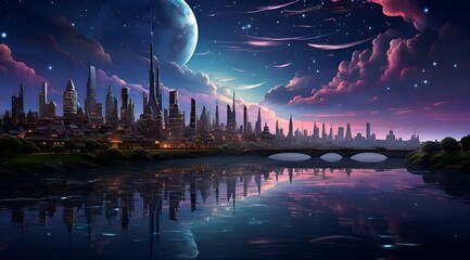 Obraz premium Vibrant 80s Cityscape with Neon Reflections on Rainy Streets - Generative AI