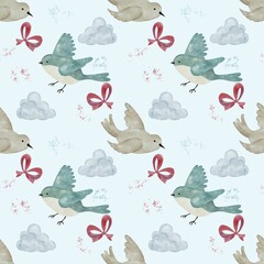 Bird and Cloud Pattern
A soft watercolor pattern showcasing birds in flight, fluffy clouds, ribbons, and gentle textures. Ideal for baby shower themes, children’s products, wallpapers, or spring-theme