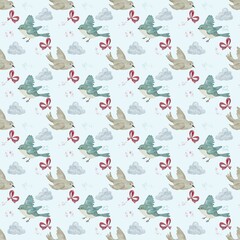 Bird and Cloud Pattern
A soft watercolor pattern showcasing birds in flight, fluffy clouds, ribbons, and gentle textures. Ideal for baby shower themes, children’s products, wallpapers, or spring-theme