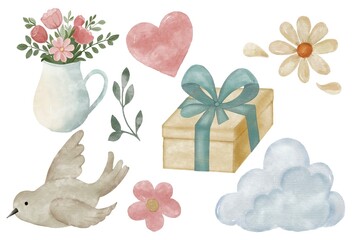 Sets of elements for Mother’s Day or spring. Use for pattern or design kids materials, posters or postcards, printing on packing.