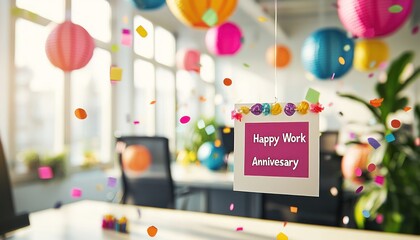 Colorful paper lanterns and confetti floating over an office desk, where a "Happy Work Anniversary" card is prominently displayed