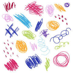 Colourful pencil doodles pattern. Children freehand crayons scribble collection background. Sketch style shapes set.