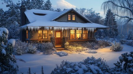 A cozy Craftsman house glowing warmly in a winter landscape, surrounded by a snow-covered garden and icicle-lined roof