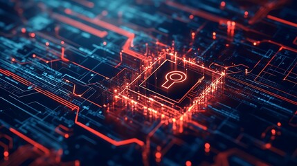 Digital lock symbol on a circuit board background, representing cybersecurity and protection.