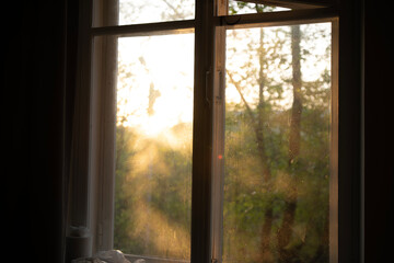 Warm sunlight floods into the room through the window, creating a bright and inviting atmosphere in the early morning