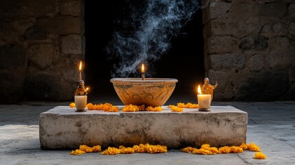 Elegant Mexican Altar with Cempasúchil Petals - A serene Day of the Dead altar, featuring incense, candles, cempasúchil flowers, and small figurines, symbolizing remembrance, respect, life, death, and
