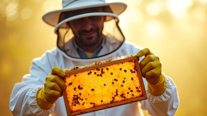 A beekeeper in a protective suit examining a honeycomb frame under warm lighting conditions.