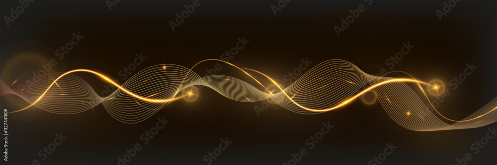 Poster Golden glowing wave lines on dark background with sparkling light effects, elegant abstract design for technology, luxury, or festive themes.	