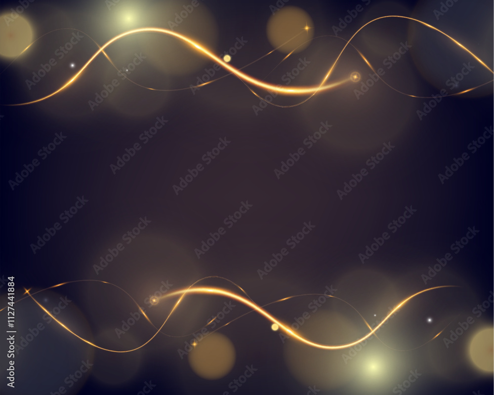Poster golden glowing wave lines on dark background with sparkling light effects, elegant abstract design f