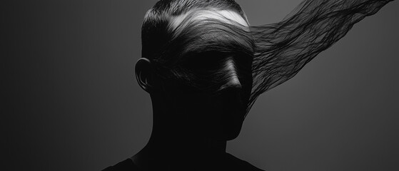 Dark moody portrait of a man with abstract black fabric flowing across his face in minimalist lighting