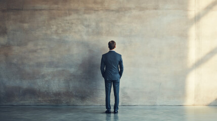 Obraz premium Businessman standing with hands in pockets contemplating large concrete wall in empty room with light and shadow