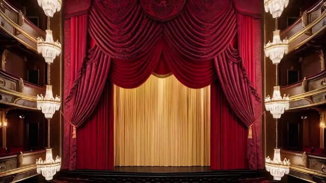A majestic, high-ceilinged theater with ruby-red velvet curtains, sweep aside to reveal a grand, gilded proscenium arch, classy theater interior, created with generative ai