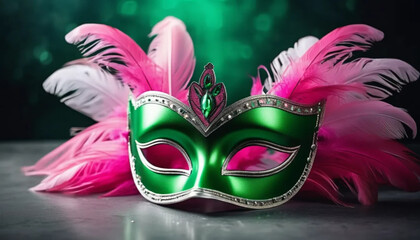 Green carnival mask with pink feathers.