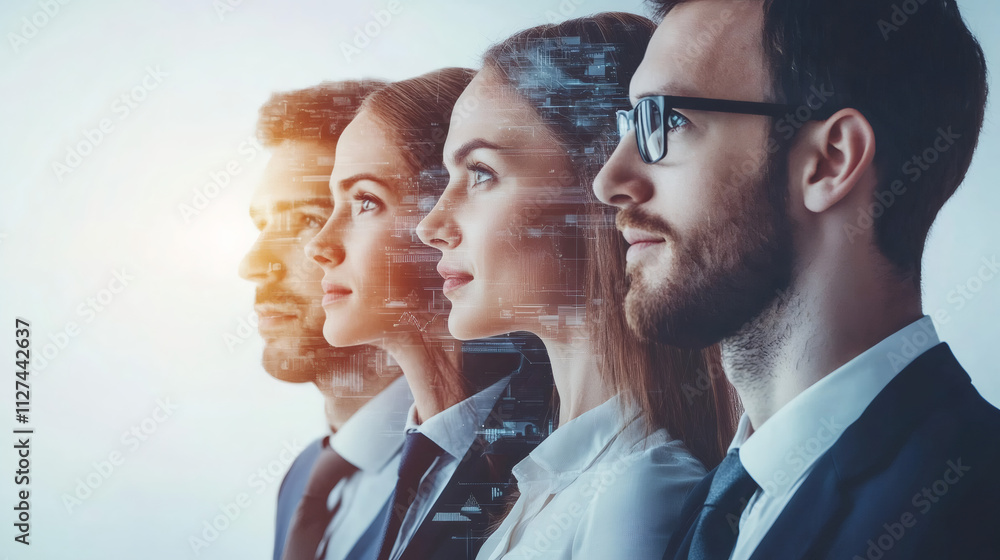 Poster four professionals gazing ahead into the future with overlay of digital code symbolizing technologic