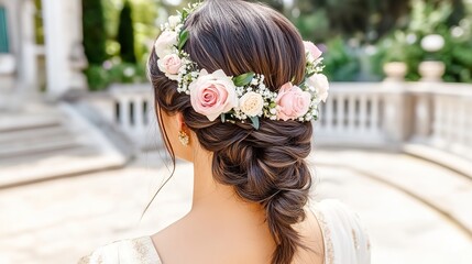 A girl wearing a vibrant saree with an intricate braided hairstyle adorned with fresh flowers.