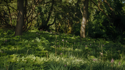 Fototapeta premium A lush green forest floor dappled with patches of sunlight and scattered flowers