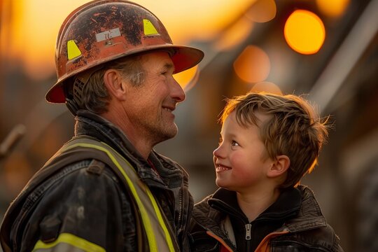 Construction site role-play: father and son duo don helmets and tool belts for imaginative fun