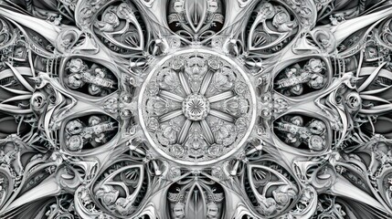 Intricate grayscale fractal, ornate, symmetrical design.