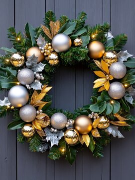 Festive Gold and Silver Christmas Wreath - Elegant Christmas wreath adorned with gold and silver baubles, symbolizing joy, celebration, wealth, prosperity, and peace.
