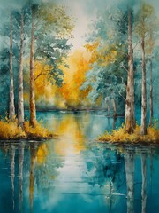 Autumn Reflection: A Watercolor Painting of a Forest Mirror on Still Waters