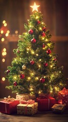 Festive Christmas Tree with Glowing Lights and Wrapped Presents, Perfect for Holiday Celebrations