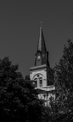black and white church steeple against sky