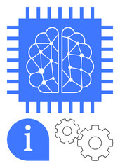 AI component with neural network diagram inside a microchip, complemented by information icon and gear icons. Ideal for AI development, technology, innovation, machine learning, automation, research