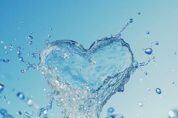A water splash forming the shape of a heart on a vibrant blue background, symbolizing love and freshness.
