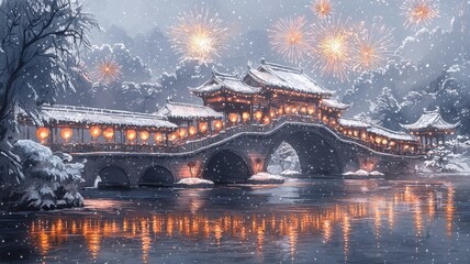 Fototapeta premium A serene winter scene featuring a beautiful bridge illuminated by fireworks.